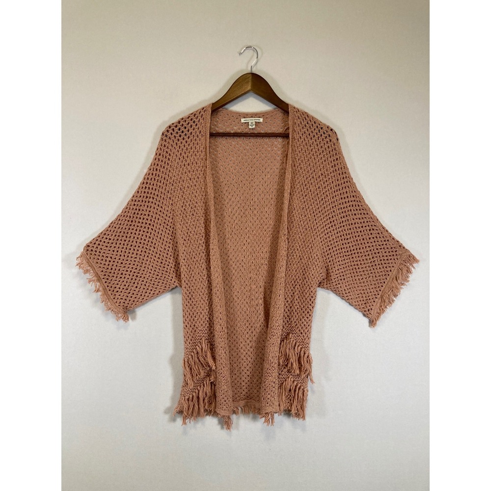 Boho American Eagle Women XS/S Pink Fringe‎ Crochet Open Knit Kimono Cardigan